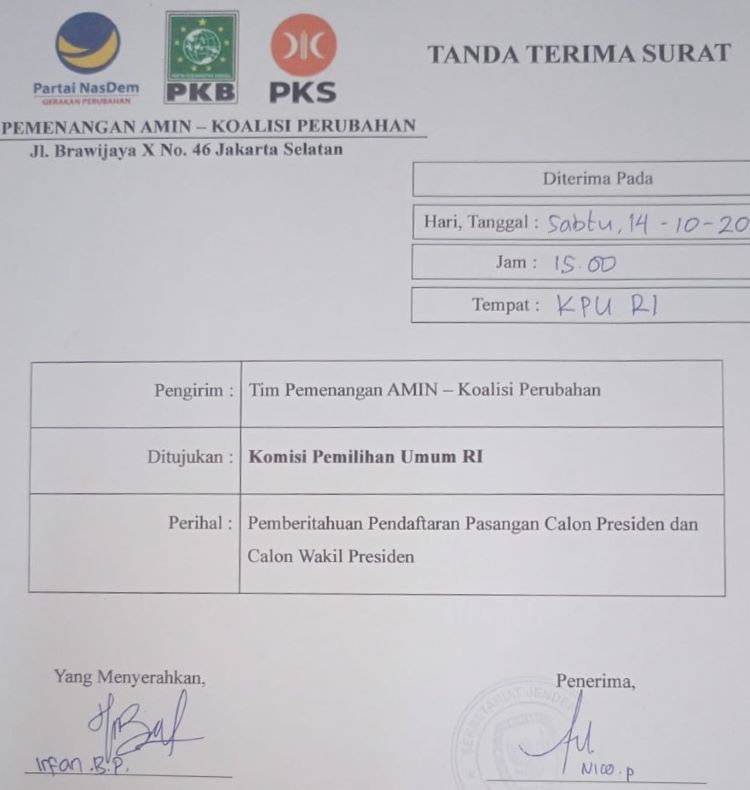 Pasangan Anies – Muhaimin Kirim Surat Pemberitahuan Pendaftaran ke KPU